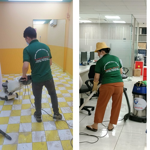 Nhân viên Vinahouse clean  xử lý sàn, đánh sàn , làm sạch sàn với máy móc hiệu quả nhất.
